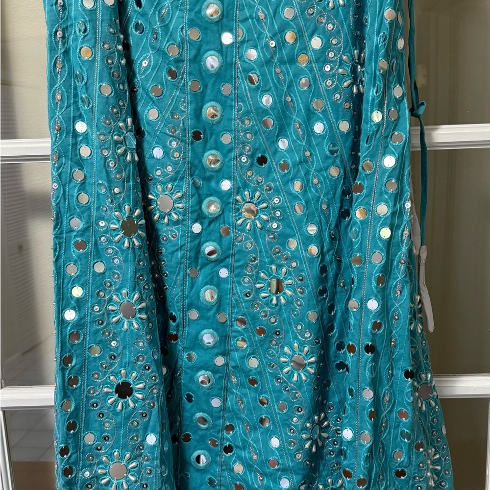 Soft Surroundings Turquoise Embroidered Maxi Skirt with Mirror Details